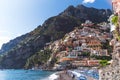 Villas in Positano close up, town at Tyrrhenian sea, Amalfi coast, Italy, hotel and hostel concept, sea with ships and boats,