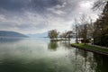 Villette-park on the shore of lake Zug on the cloudy spring day.