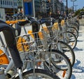 Villo bicycles parked in the bicycle sharing station on street. Public transportation in Brussels