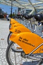 Villo bicycles parked in the bicycle sharing station on street. Public transportation in Brussels