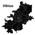 Vilnius city map, detailed administrative borders municipal black and white map, Lithuania. River Neris and Vilnia, roads and
