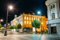 Vilnius Lithuania. Ancient Buildings In Evening Illumination On Deserted Gediminas Avenue,