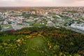 VILNIUS, LITHUANIA - APRIL 2021: Aerial view of business district, Snipiskes neighbourhood and Neris embankment from Seskine hill Royalty Free Stock Photo