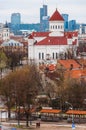 Cityscape view on Russian Orthodox Cathedral of the Dormition of the Theotokos and other parts of Old and New Town of Vilnius, Royalty Free Stock Photo