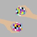 Vilnius, Lithuania - April 15, 2021: Hands holding Rubik`s cubes. Nostalgia, retro design, vintage concept. vector illustration