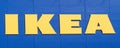 Vilnius, Lithuania - April 19, 2019: IKEA logo of company on facade of company store of furniture for home and coziness