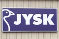 Vilnius, Lithuania - April 19, 2019: Jysk logo company. signboard of furniture company on the facade of large shopping center