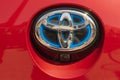 Vilnius, Lithuania 18 August, 2019: Special brand logo with blue background used by Toyota in Hybrid models. Toyota is