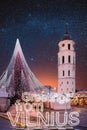 Vilnius, Lithuania. Bell Tower Belfry Of Vilnius Cathedral At Square In Evening New Year Christmas Xmas Illuminations Royalty Free Stock Photo