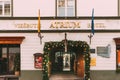 Vilnius, Lithuania. Building Of Atrium Hotel With Christmas Xmas New Year Decorations.