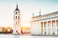 Vilnius Lithuania. Cathedral Square With Bell Tower, Cathedral Basilica In Summer Sunset, Sunbeam