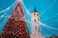 Vilnius, Lithuania. Christmas Tree On Background Bell Tower Belfry Of Vilnius Cathedral In Evening New Year Christmas Royalty Free Stock Photo