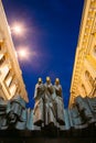 Vilnius Lithuania. Close Three Muses Sculpture Of Lithuanian National Drama Theatre Building, Main Entrance, Blue