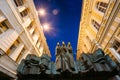 Vilnius Lithuania. Close Three Muses Sculpture Of Lithuanian National Drama Theatre Building, Main Entrance, Blue