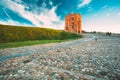Vilnius, Lithuania. Cobblestone Road To Famous Tower Of Gediminas Or Gedimino In Historic Center. UNESCO World Heritage Royalty Free Stock Photo