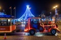 Christmas train and Christmas tree at Cathedral Square in Vilnius at night