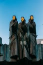 Vilnius, Lithuania, Eastern Europe. Close Up Of Black Sculpture Of Three Muses On Facade Of Lithuanian National Drama