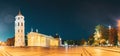 Vilnius, Lithuania, Eastern Europe. Evening Night Panorama Of Bell Tower Belfry, Cathedral At The Cathedral Square And Royalty Free Stock Photo