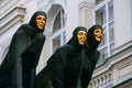 Vilnius, Lithuania, Eastern Europe. Close Up Of Black Sculpture Of Three Muses On Facade Of Lithuanian National Drama