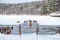 Beautiful boy bathing and swimming in the cold water Royalty Free Stock Photo