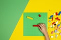 Vilnius, Lithuania - February 23, 2019. Children hands play with colorful lego blocks on the table Royalty Free Stock Photo