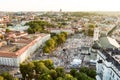 VILNIUS, LITHUANIA - JULY 6, 2021: Aerial view of crowds celebrating Lithuanian Statehood Day. People singing national anthem of