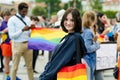 VILNIUS, LITHUANIA - JULY 1, 2023: Happy cheerful people participating in Vilnius Pride 2023 parade, that took place in Vilnius