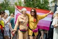 VILNIUS, LITHUANIA - JULY 1, 2023: Happy cheerful people participating in Vilnius Pride 2023 parade, that took place in Vilnius