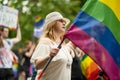 VILNIUS, LITHUANIA - JULY 1, 2023: Happy cheerful people participating in Vilnius Pride 2023 parade, that took place in Vilnius