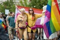 VILNIUS, LITHUANIA - JULY 1, 2023: Happy cheerful people participating in Vilnius Pride 2023 parade, that took place in Vilnius