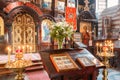 Vilnius Lithuania. Lectern Analogion With Two Icons For Veneration In Orthodox Church Of St.Nicholas