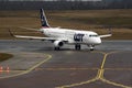 Polish Airlines LOT aircraft on runway preparing for take-off in Vilnius international airport, Lithuania. SP-LMB Embraer E190STD