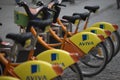 Vilnius -Lithuania, May 6, 2019: Line of Rental Bicycles of Aviva Company Standing Outdoors, Vilnius, May 6, 2019