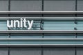 Vilnius, Lithuania - May 30, 2021: Unity logo on the office building. Unity Technologies is an American video game