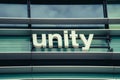 Vilnius, Lithuania - November 9, 2022: Unity logo on the office building. Unity Technologies is an American video game