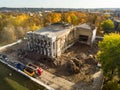 VILNIUS, LITHUANIA - OCTOBER 2019: Aerial view of demolution process of abandoned historical Trade Union Hall building located on