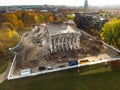 VILNIUS, LITHUANIA - OCTOBER 2019: Aerial view of demolution process of abandoned historical Trade Union Hall building located on