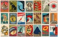 Collage of old colorful vintage matchbox labels