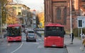 Traffic, public bus on old town street in Vilnius