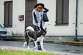 Young woman with akita dog