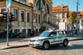 Vilnius, Lithuania. Police Skoda Yeti Car Parked In Front Of Market