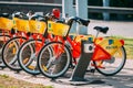 Vilnius, Lithuania. Row Of Colorful Bicycles AVIVA For Rent At Municipal Bike Parking In Street. Summer Day Royalty Free Stock Photo