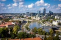 A city panorama with King Mindaugas bridge on Vilia river, Vilnius, Lithuania.