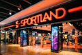 Vilnius, Lithuania. Entrance To Sportswear Store Sportland In Shopping Center. Sportland - Largest Chain Of Sporting