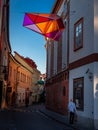 A colorful decorative polyhedron lantern in the street of Vilnius, Lithuania.