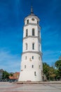 Vilnius/Lithuania: 08/08/2019: the tower of The Cathedral of Vilnius is the main Roman Catholic Cathedral of Lithuania. It is the Royalty Free Stock Photo