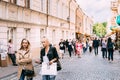 Vilnius Lithuania. Two Young Women Walking On Crowded Pedestrian