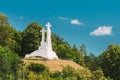 Vilnius, Lithuania. White Monument Three Crosses On Bleak Hill In Summer Sunny Day. Royalty Free Stock Photo