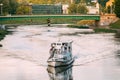 Vilnius Lithuania. White Pleasure Boat With Passengers Floation Royalty Free Stock Photo