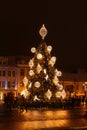 Vilnius, Lithuania 12-24-2018: 2018 years Christmas tree In Vilnius, Rotuses square, Lithuania